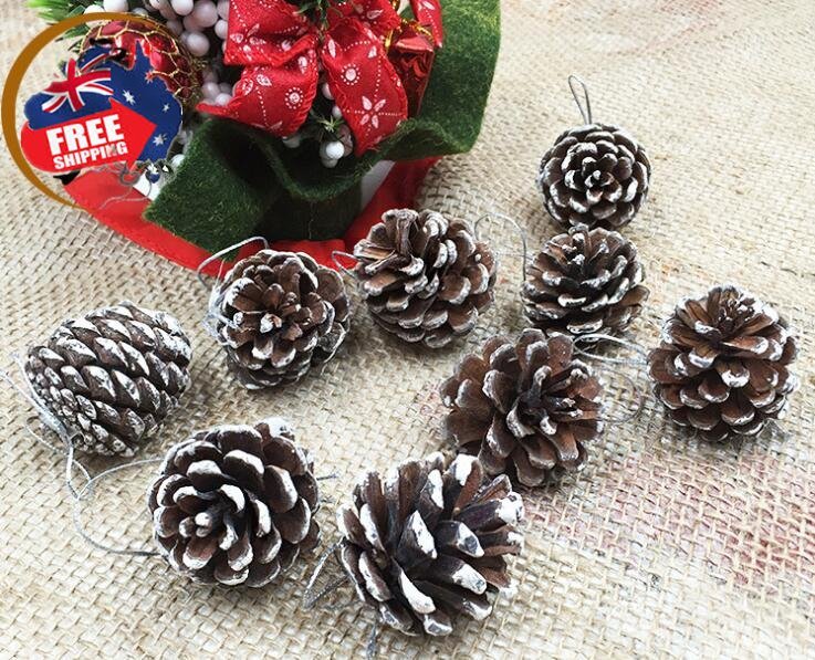 18 Christmas Natural Pine Cones Xmas Tree Hanging Home Decoration Ornament Gifts, 18x Natural w Snow Covered Pinecones | Christmas Outlet Australia