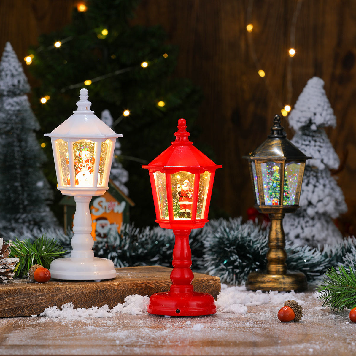 Festive LED Christmas Snow Globe Lantern - Glittering Tabletop Decoration with Santa/Snowman Scene, Dual Power(Bronze)