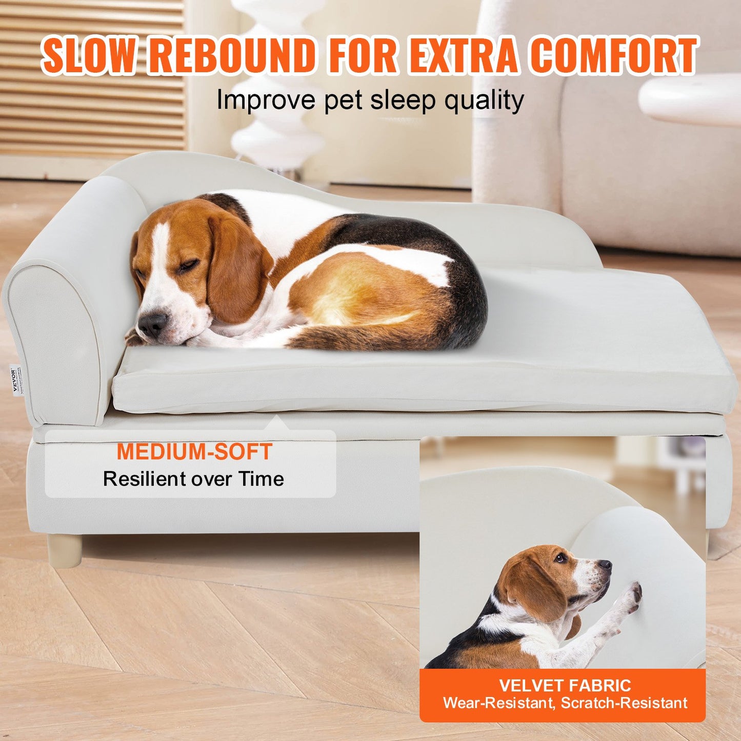 VEVOR Pet Sofa, Dog Couch for Large-Sized Dogs and Cats, 36x23x16 inch Soft Velvety Dog Sofa Bed, 50 kg Loading Cat Sofa, White