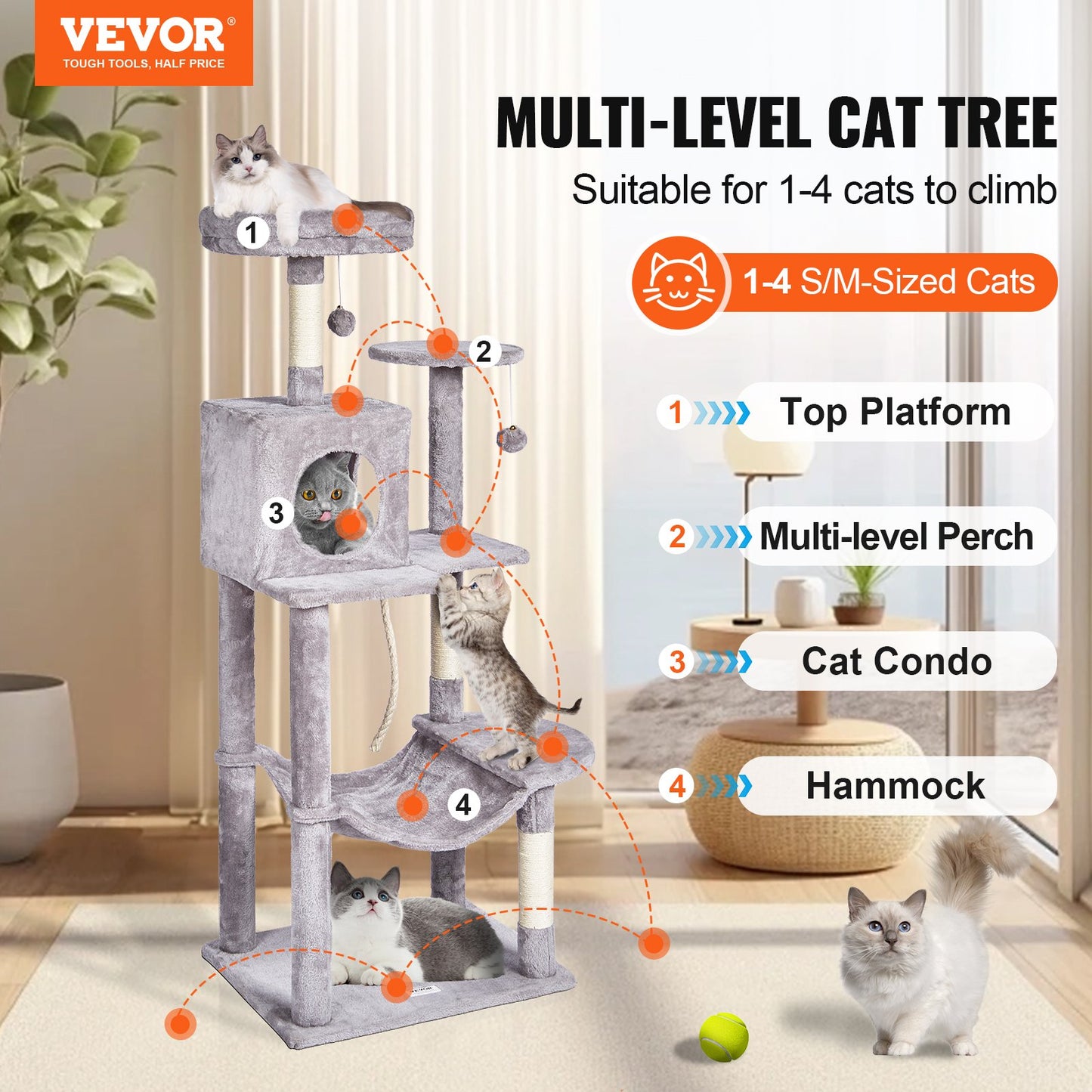 VEVOR Cat Tree 143 cm Cat Tower with Cat Condo Sisal Scratching Post Light Grey