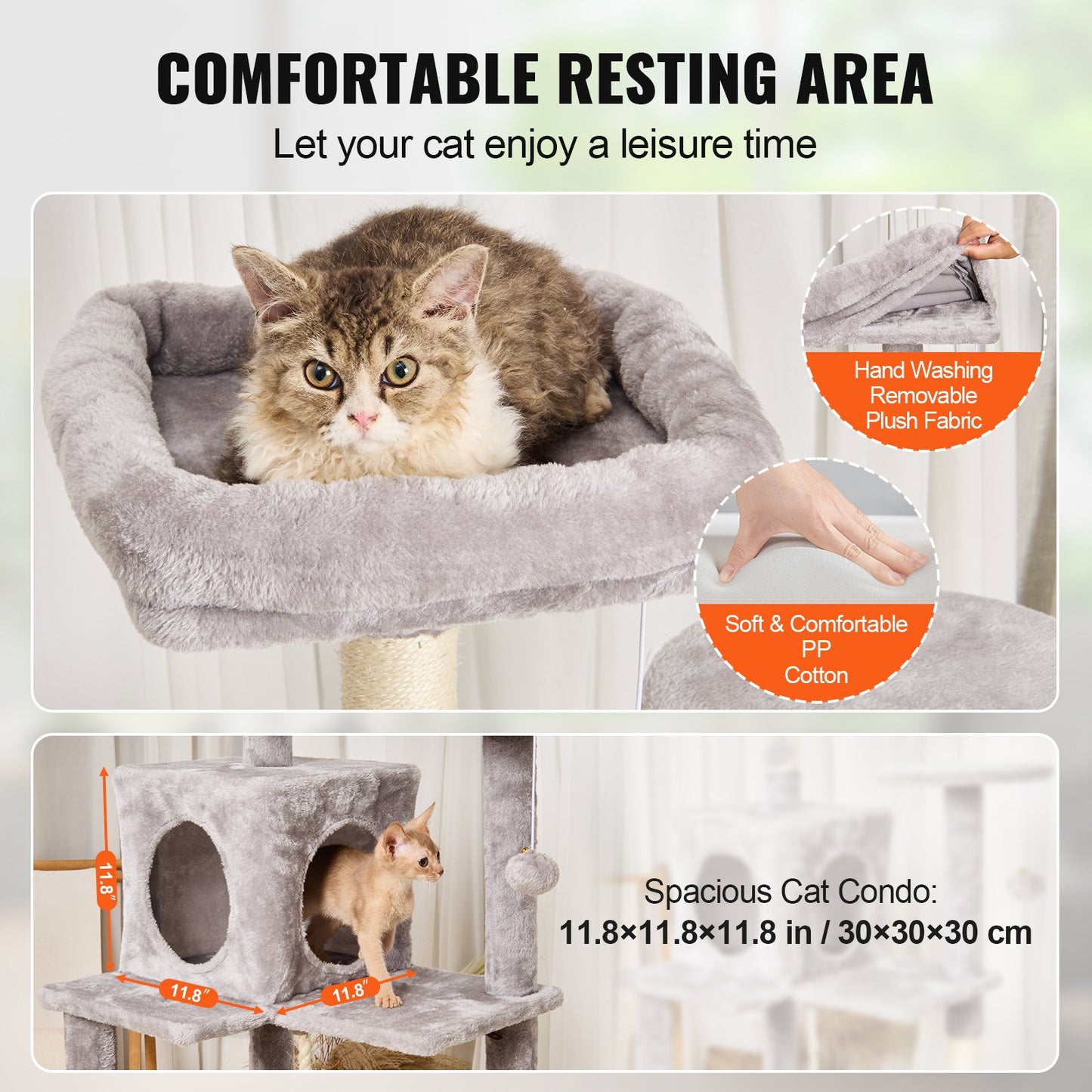 VEVOR Cat Tree 143 cm Cat Tower with Cat Condo Sisal Scratching Post Light Grey