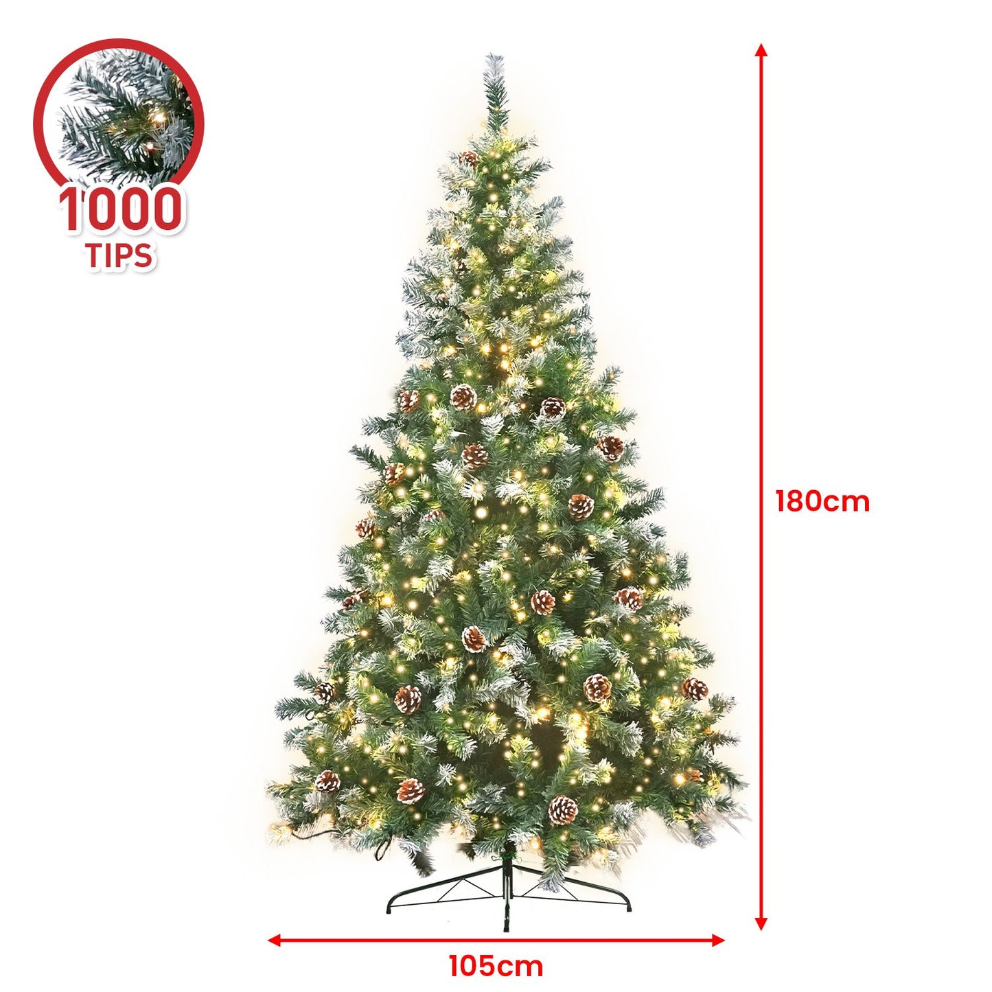 Christabelle 1.8m Pre Lit LED Snowy Christmas Tree Decor with Pine Cones Xmas Decorations