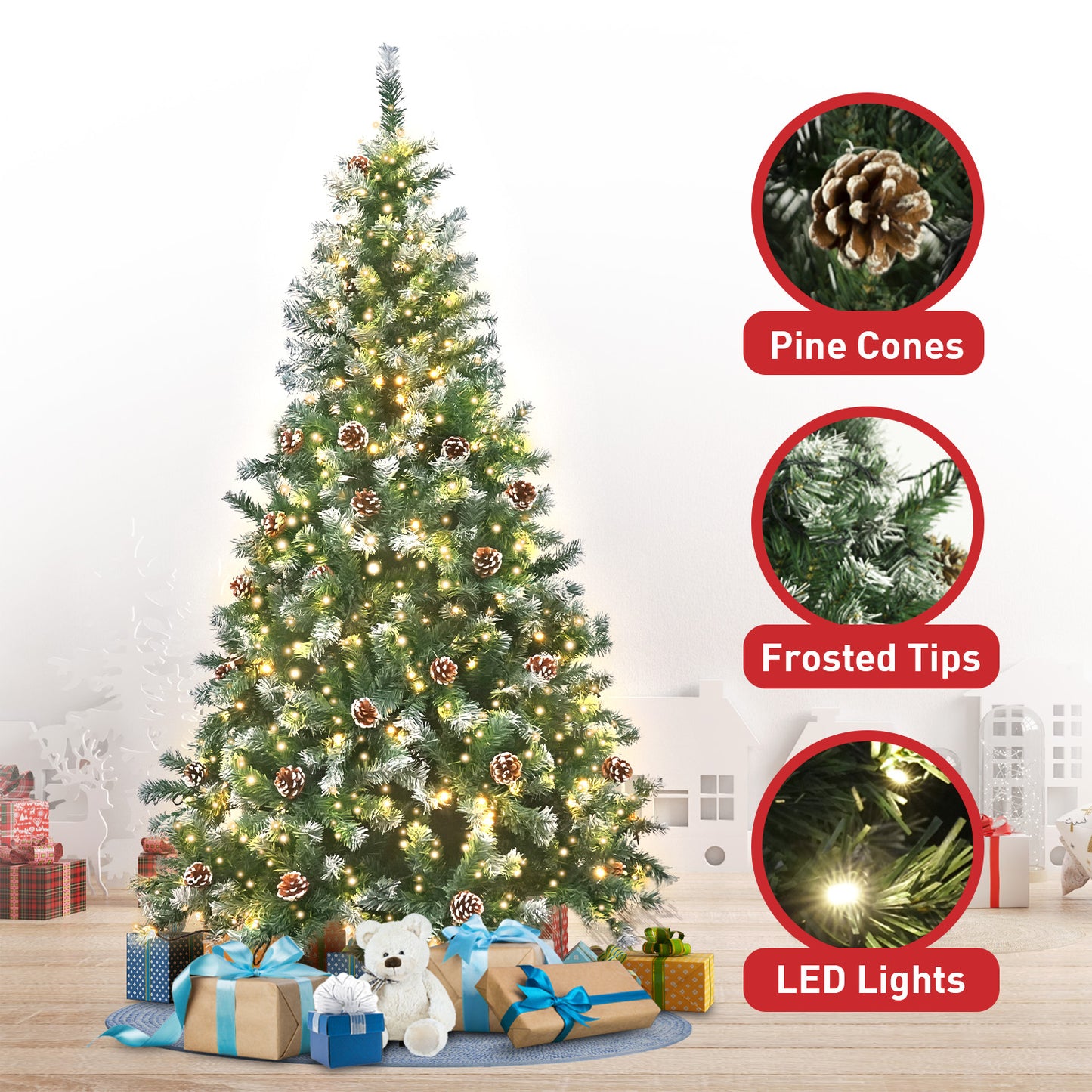 Christabelle 1.8m Pre Lit LED Snowy Christmas Tree Decor with Pine Cones Xmas Decorations