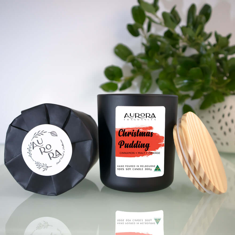 Aurora Christmas Pudding Scented Soy Candle Australian Made 300g - Christmas Outlet Online