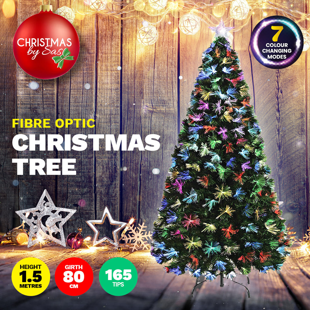 Christmas By Sas 1.5m Fibre Optic Christmas Tree 165 Tips Multicolour Lights & Star - Christmas Outlet Online