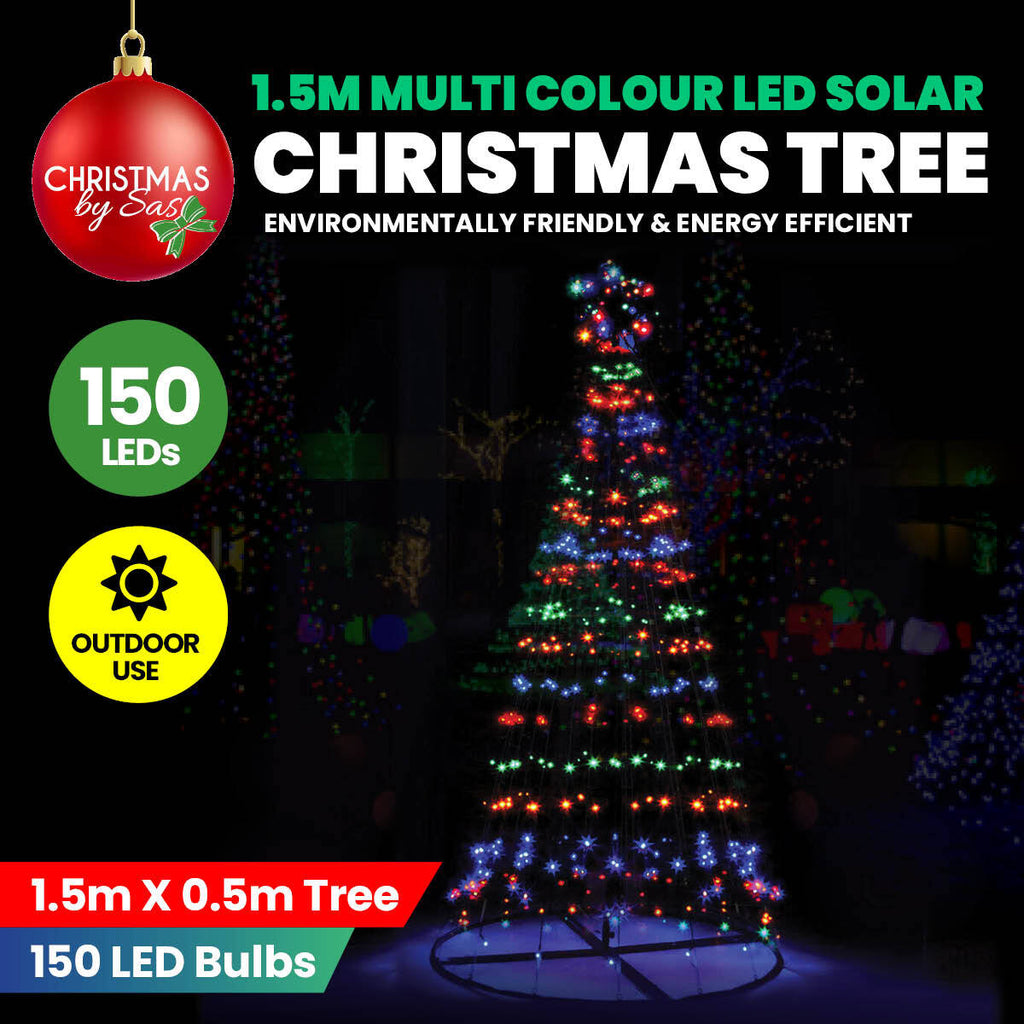 Christmas By Sas 1.5m Solar Powered Tree With Star Metal Frame 150 LED Bulbs - Christmas Outlet Online