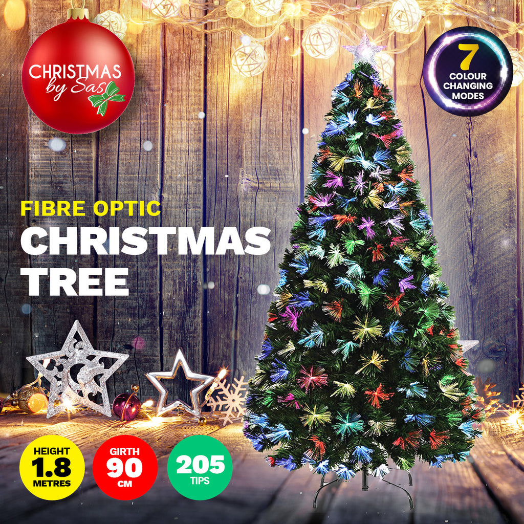 Christmas By Sas 1.8m Fibre Optic Christmas Tree 205 Tips Multicolour Lights & Star - Christmas Outlet Online