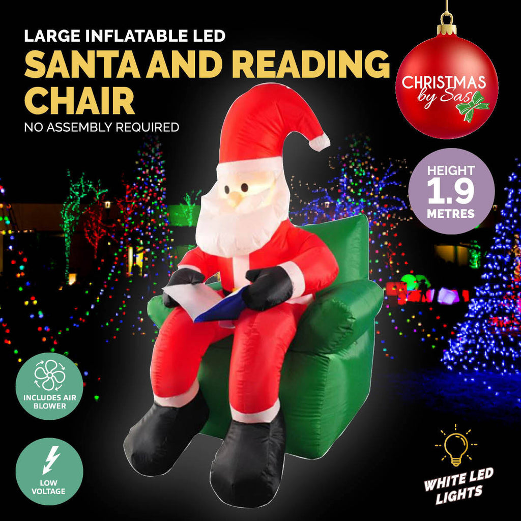 Christmas By Sas 1.9m Santa & His Reading Chair Self Inflating LED Lighting - Christmas Outlet Online