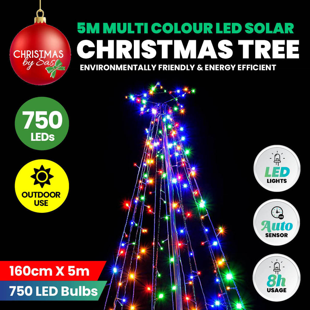Christmas By Sas 5m Tree Shaped LED Multicoloured Solar Lights & Metal Frame - Christmas Outlet Online
