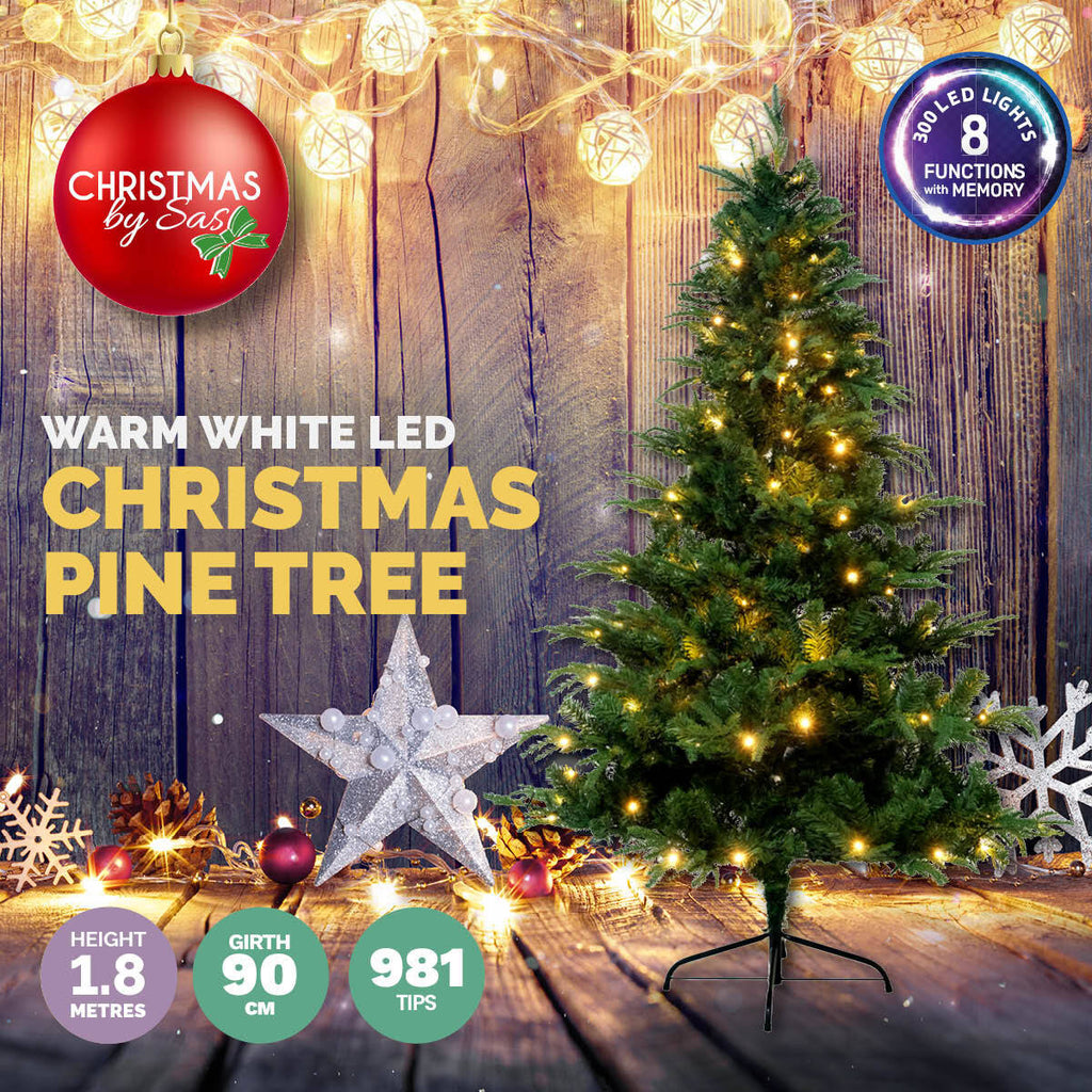 Christmas By Sas 1.8m Pine Tree 300 Warm White LED Lights With 8 Functions - Christmas Outlet Online