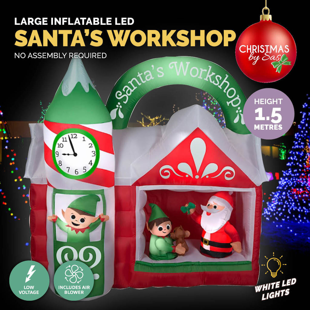 Christmas By Sas 1.5m x 1.6m Santa's Workshop Self Inflating LED Lights - Christmas Outlet Online
