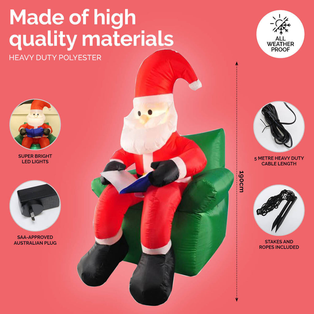 Christmas By Sas 1.9m Santa & His Reading Chair Self Inflating LED Lighting - Christmas Outlet Online