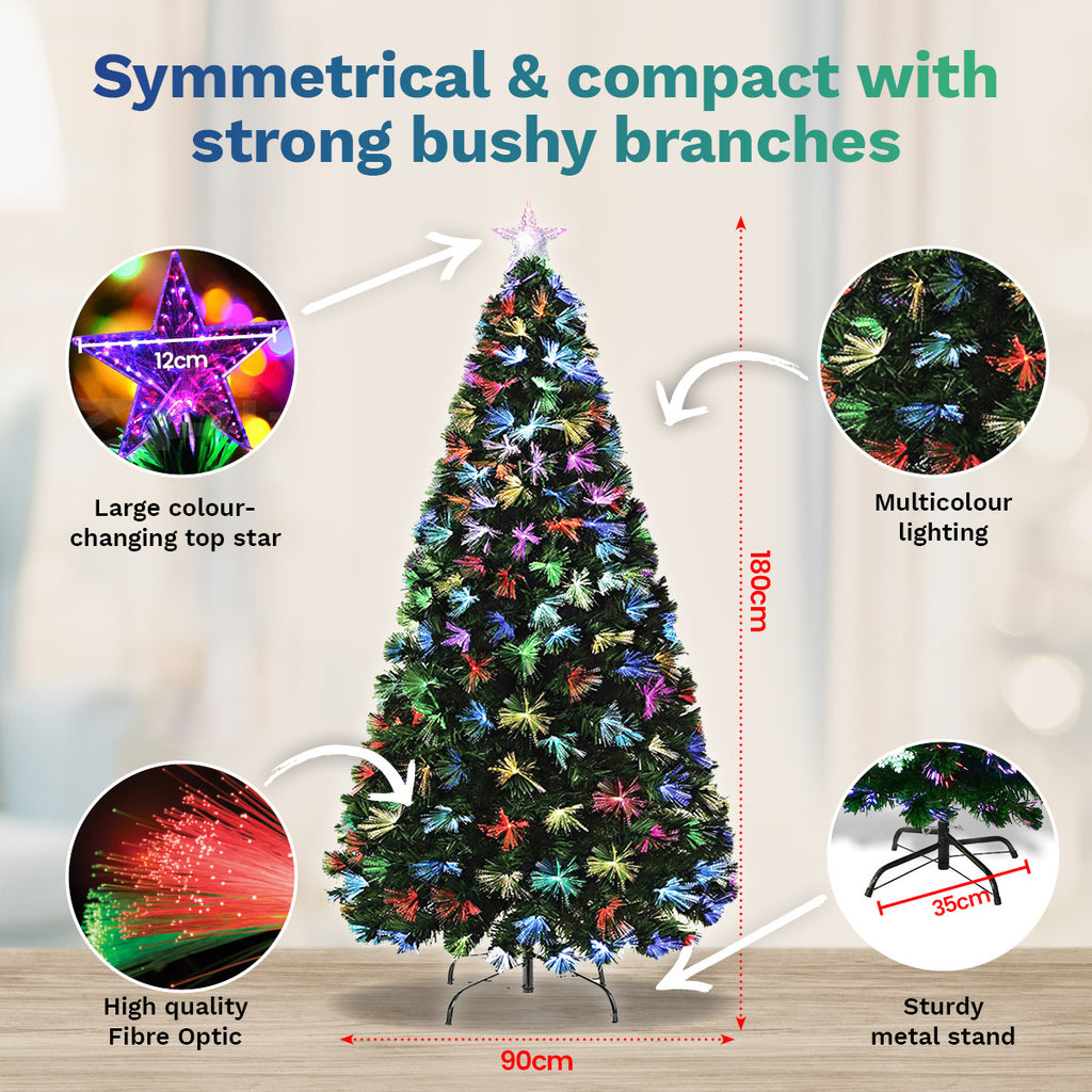 Christmas By Sas 1.8m Fibre Optic Christmas Tree 205 Tips Multicolour Lights & Star - Christmas Outlet Online