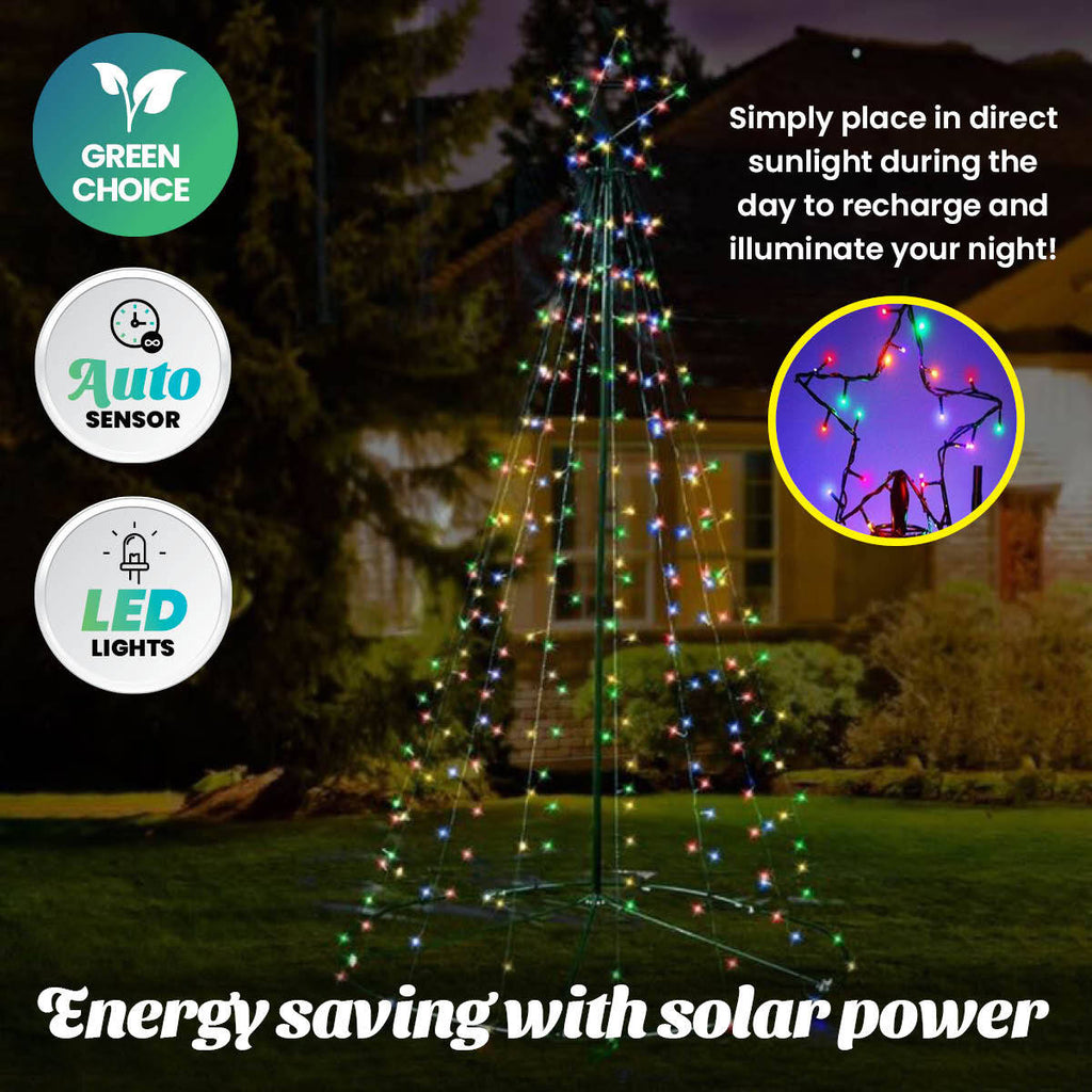Christmas By Sas 3m Tree Shaped LED Multicoloured Solar Lights & Metal Frame - Christmas Outlet Online