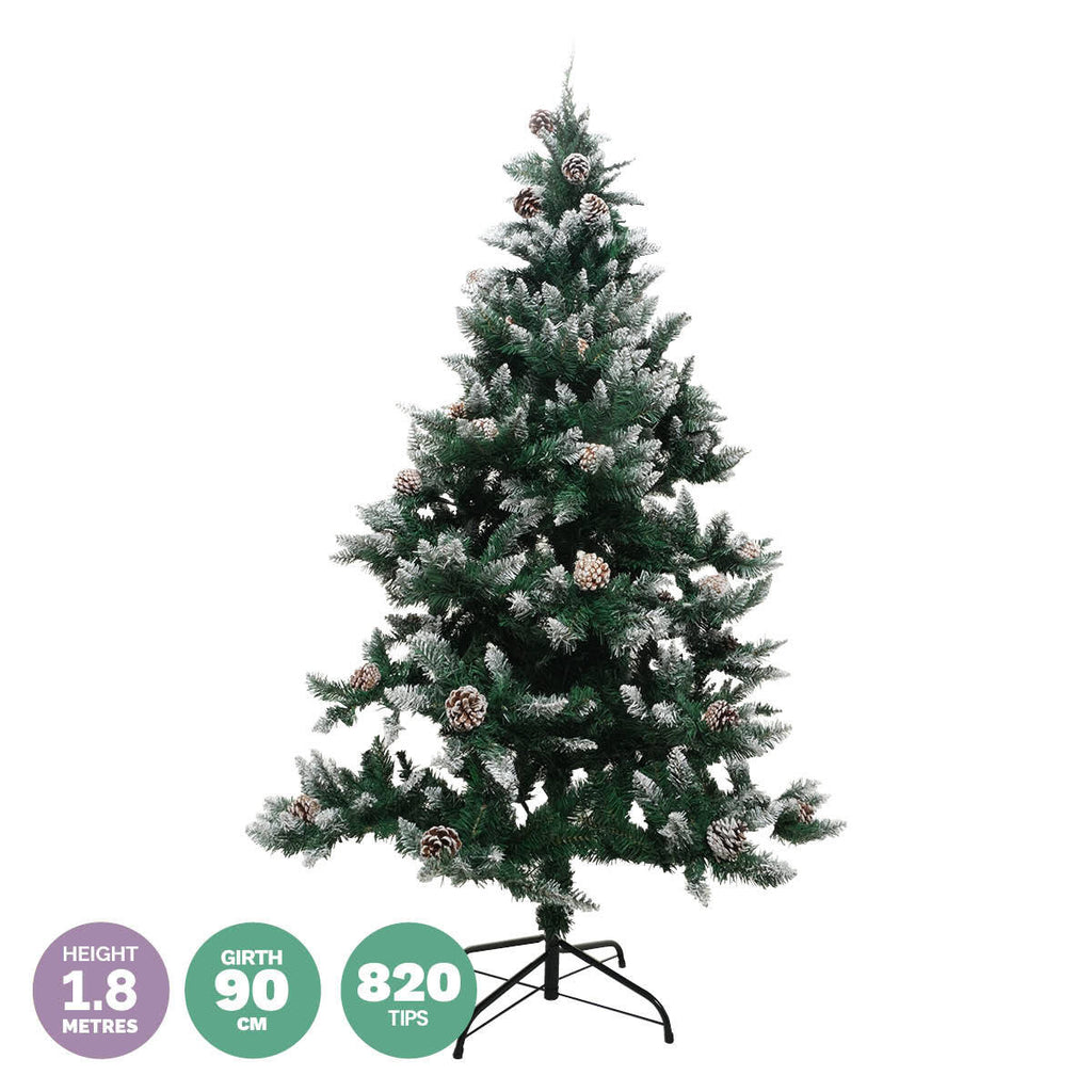 Christmas By Sas 1.8m Full Figured Tree Snow Covered Tips & Pine Cones - Christmas Outlet Online