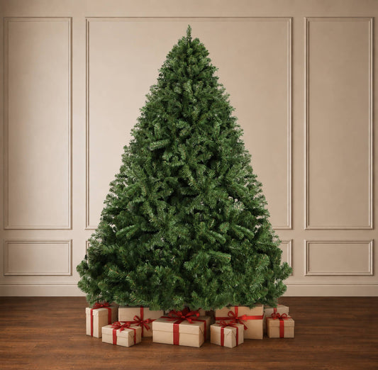 A tall artificial Christmas tree stands on a wooden floor against a beige paneled wall, with wrapped gift boxes tied in red ribbons gathered at its base.