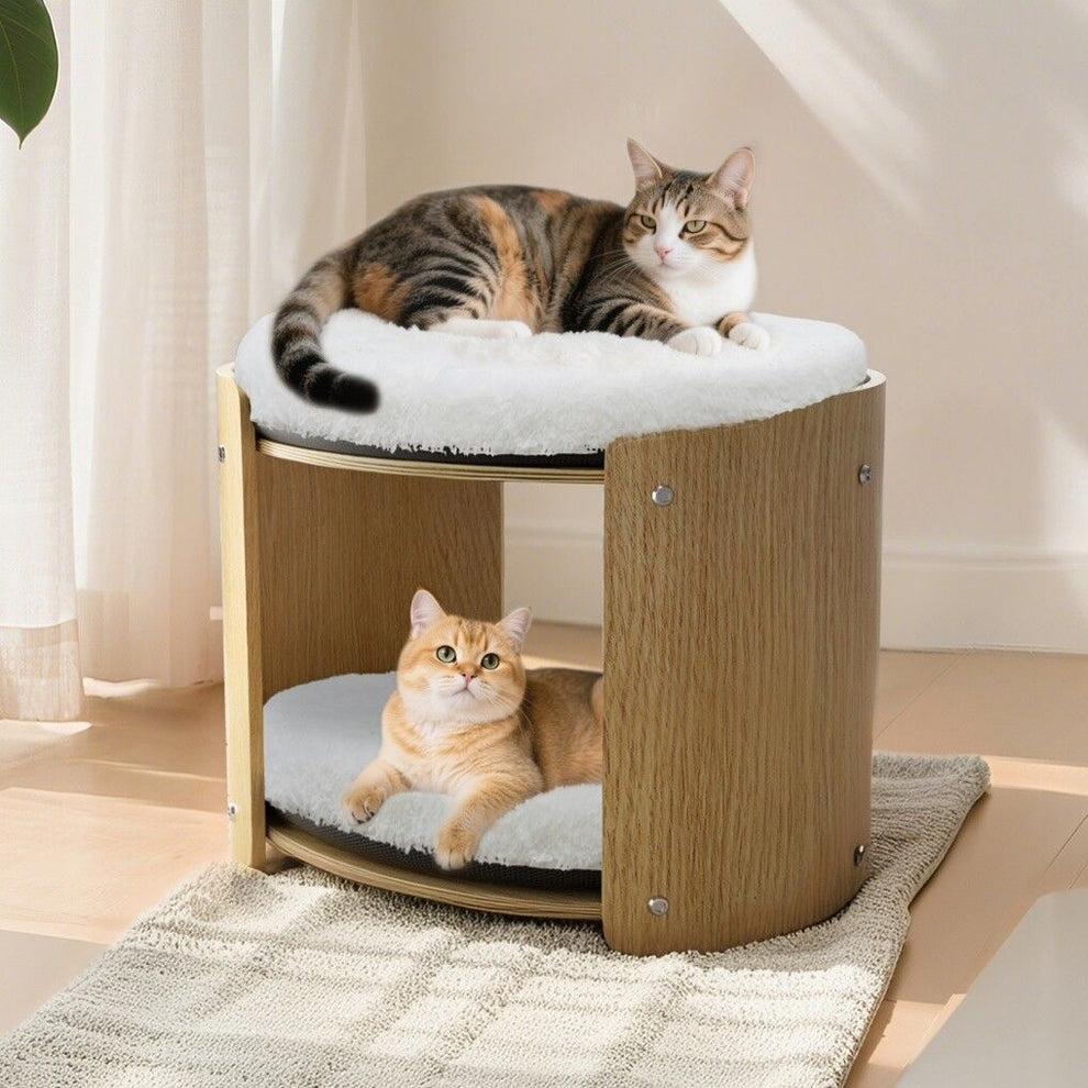 Elevated Double Cat Bed 2-Tier Wooden Plush Kitten Lounge