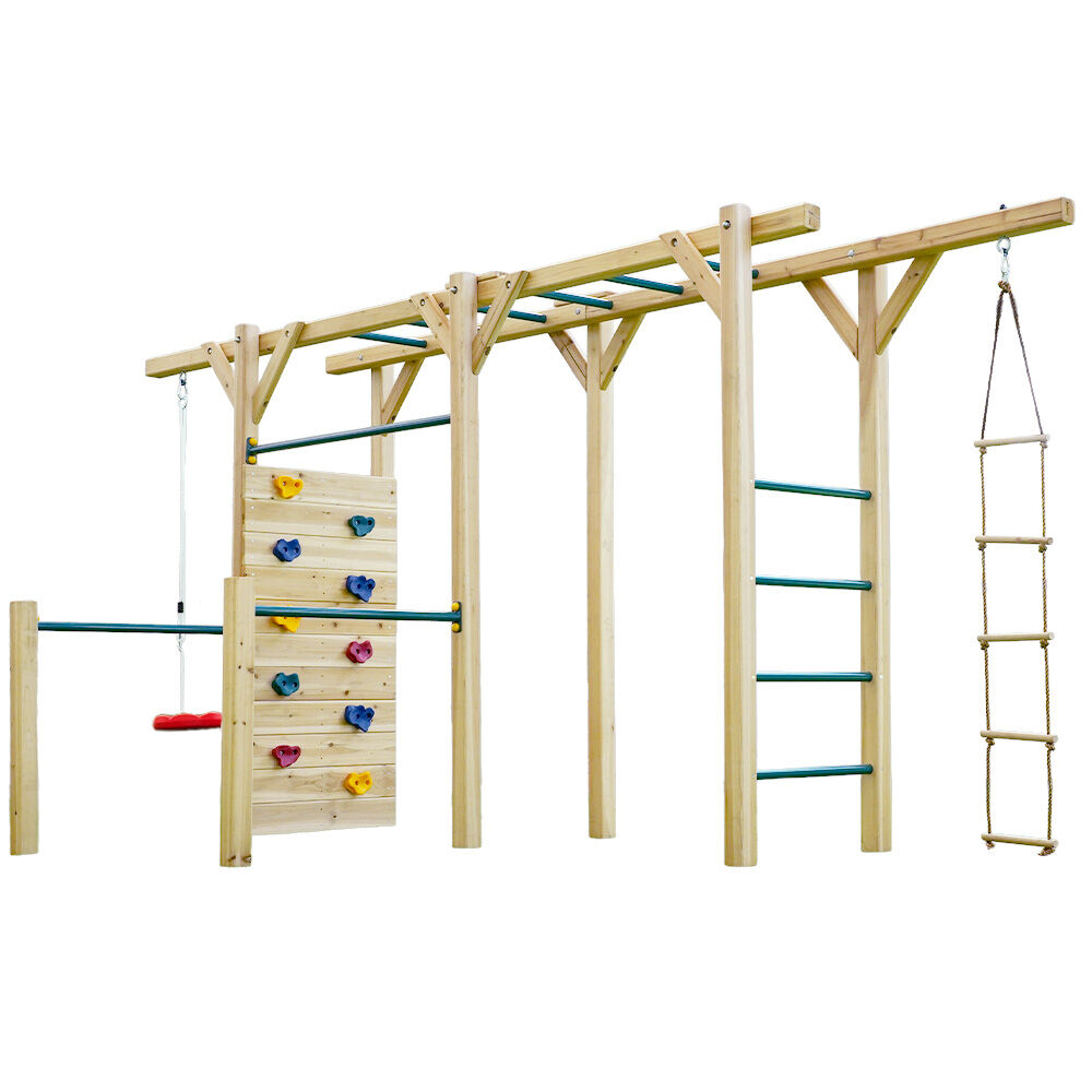 ROVO KIDS Ultimate Outdoor Monkey Bars Playset Frame, with Climbing Wall, Disc Swing, Rope Ladder