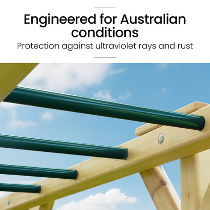 ROVO KIDS Ultimate Outdoor Monkey Bars Playset Frame, with Climbing Wall, Disc Swing, Rope Ladder