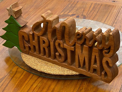 Wooden carved Merry Christmas decoration 38 cm long with Tree and Star