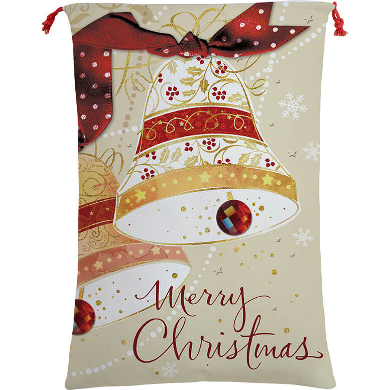 Large Christmas XMAS Hessian Santa Sack Stocking Bag Reindeer Children Gifts Bag, Merry Christmas Bells