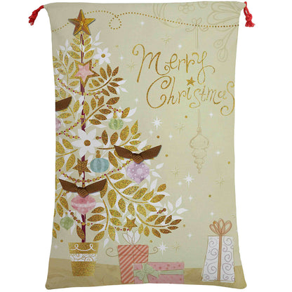 Large Christmas XMAS Hessian Santa Sack Stocking Bag Reindeer Children Gifts Bag, Merry Christmas Golden Tree