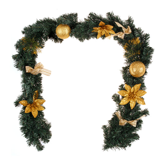 1.8m/6ft Christmas Pine Green Garland Gold Balls Flower Bows Xmas Hanging Décor, Gold, Green | Christmas Outlet Australia