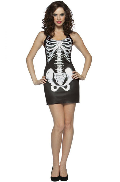 Womens SKELETON COSTUME Halloween Bones Tank Dress Black White Party