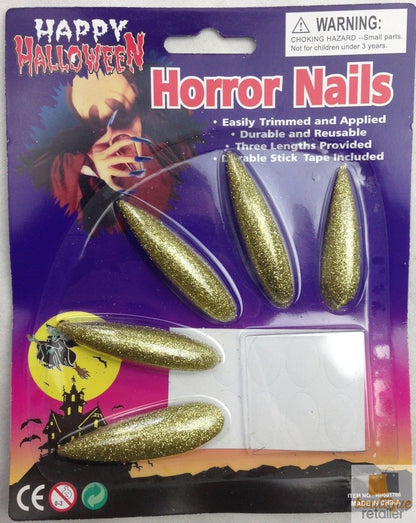 10x Long GLITTER HORROR NAILS Halloween Party Costume Accessory Vampire Witch - Gold