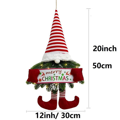 LED Lighted Christmas Gnome Wreath - Festive Hanging Front Door Decor with Dangle Legs