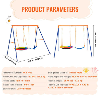 Swing Sets for Backyard, 440lbs Load Capacity Swing Set, with 1 Saucer Swing Seat, 1 Belt Swing Seat, Heavy Duty A-Frame Metal Swing Stand and Adjustable Rope, Swingset Outdoor for Kids