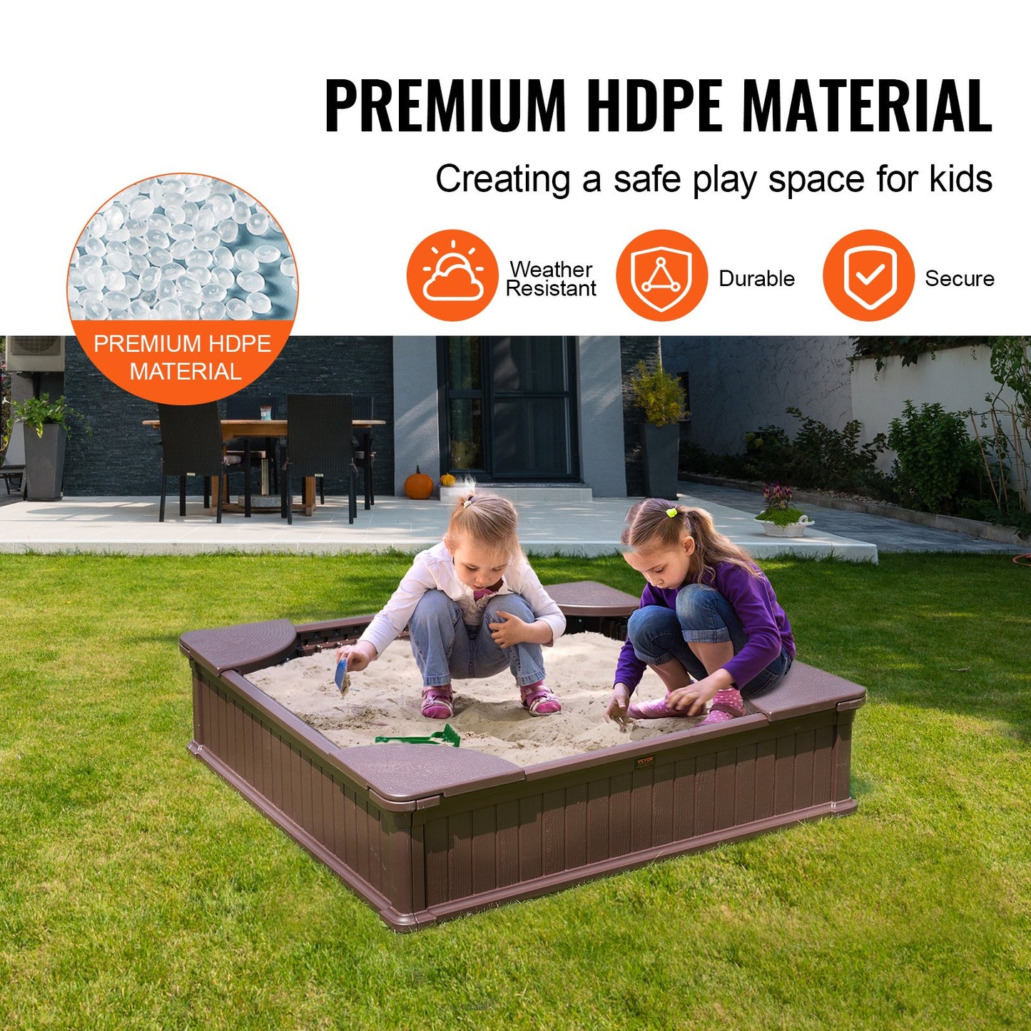 VEVOR Sandbox with Cover, 48.6x48.6x12.4 in Square Sand Box, HDPE Sand Pit with 4 Corner Seating and Bottom Liner, Kids Sandbox for Outdoor Backyard, Beach, Park, Gift for Boys Girls Ages 3-12, Brown