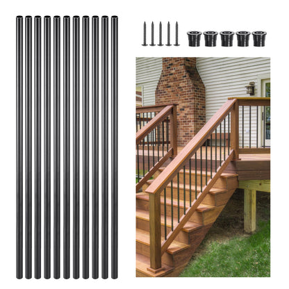 VEVOR Staircase Balusters 101 Pack, 32 In Aluminum Stair Balusters, 3/4 In Water-Proof Round Metal Spindle Railing, Hollow Deck Railing with Rail Caps & Screws for Stairs, Porch, Patio, Fence, Black