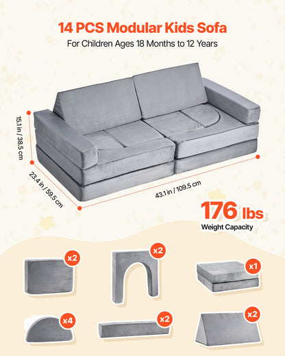 VEVOR Modular Kids Play Couch, Sectional Toddler Sofa with Armrests, 28D Sponge & Short Pile, Convertible Kids Modular Couch DIY Creative Combination for Playroom, Bedroom, Living Room, 14 Pcs, Gray