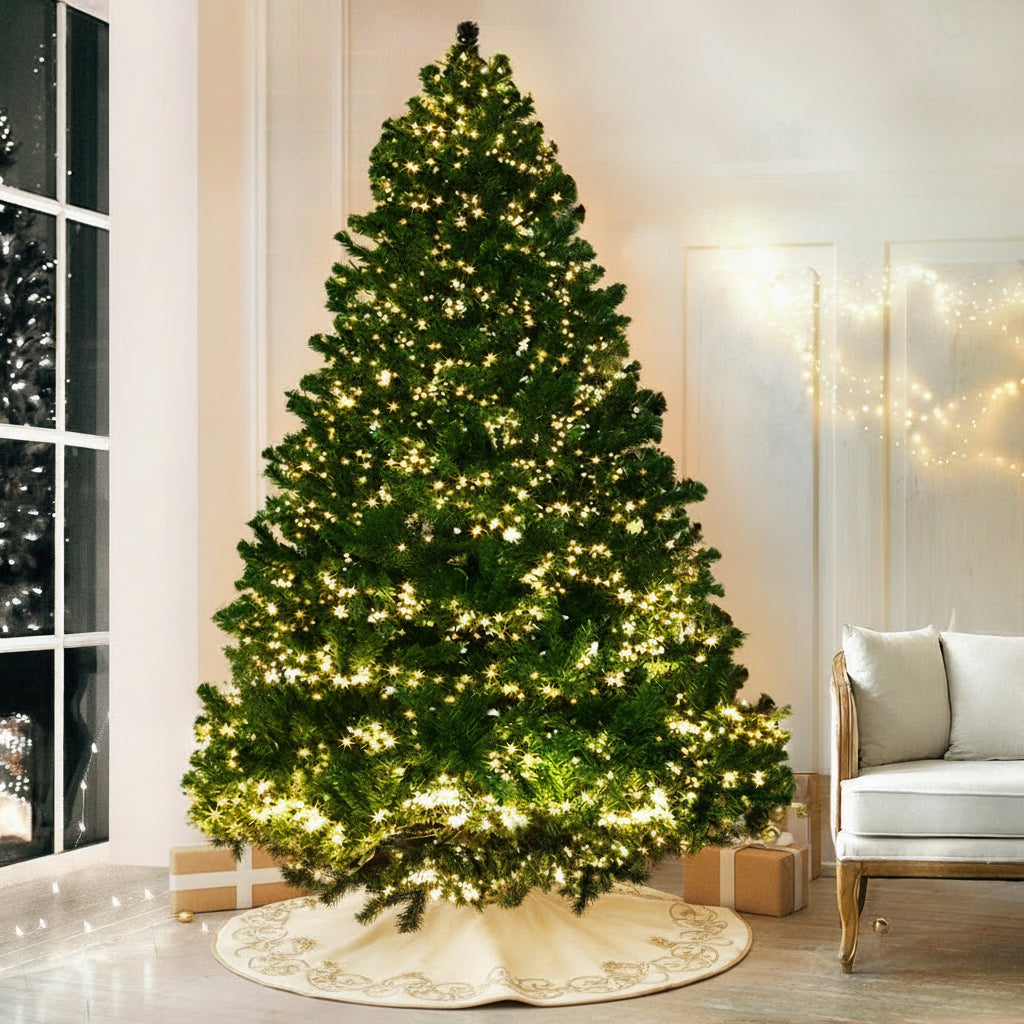 Decorated Christmas tree with lights in a living room setting