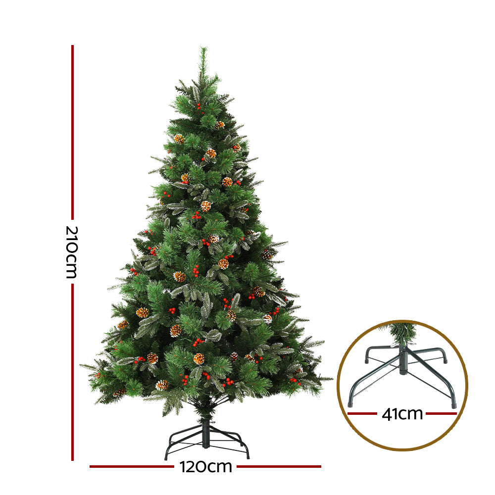 Jingle Jollys 2.1M Christmas Tree with Pine Cones Red Berries Prelit LED Warm Lights - Christmas Outlet Online