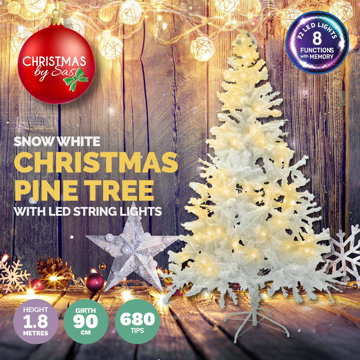 Christmas By Sas 1.8m x 90cm White Pine Tree 72 Warm White LED String Lights - Christmas Outlet Online